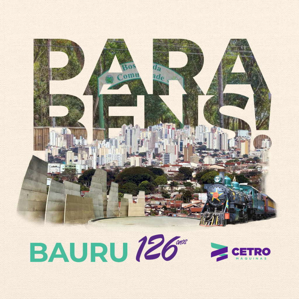imagem com pontos importantes da cidade de Bauru com a frase Parabéns Bauru: 126 anos e logo da Cetro Máquinas