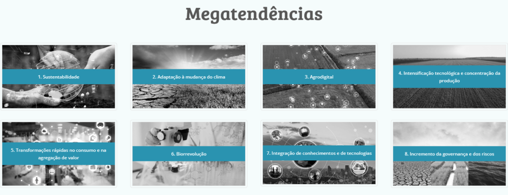 Painel do Portal Visão do Futuro da Embrapa enumerando as megatendências do Agro Brasileiro, como o Processo de Transformação Tecnológica.