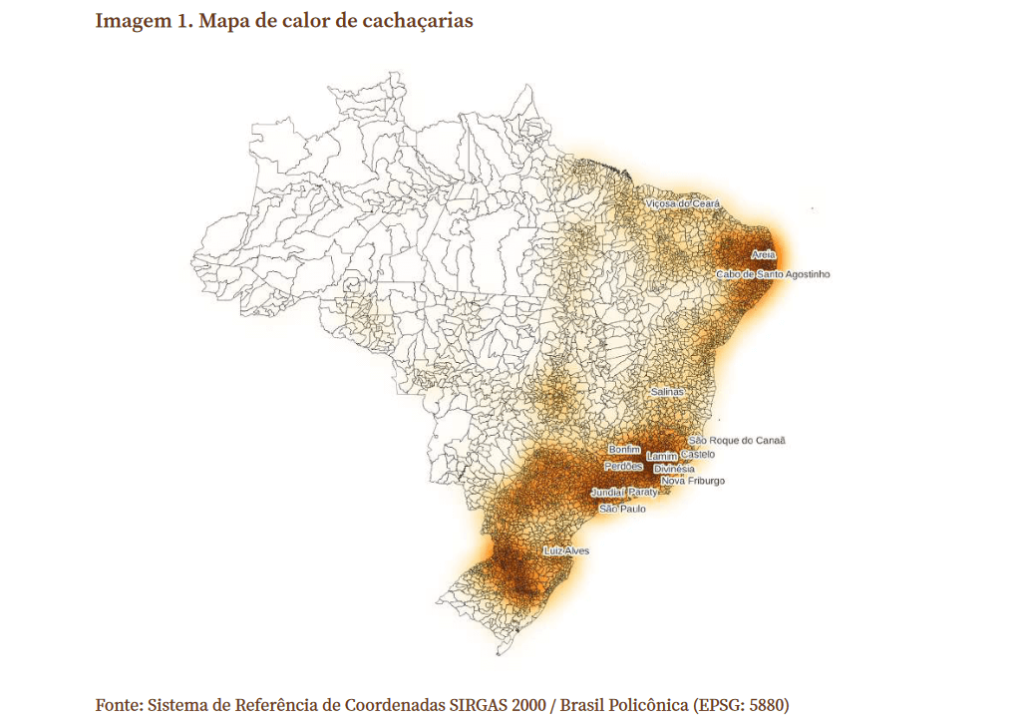 Mapa de Produção e Consumo de Bebidas no país, voltado a produção de cachaça pelo Brasil.