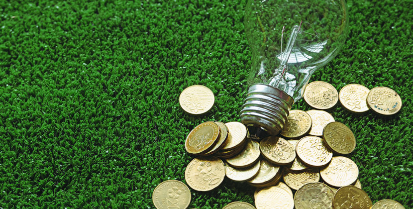 Fotografia de uma lâmpada e moedas, simbolizando o impacto do ESG e da Sustentabilidade Empresarial em uma empresa.