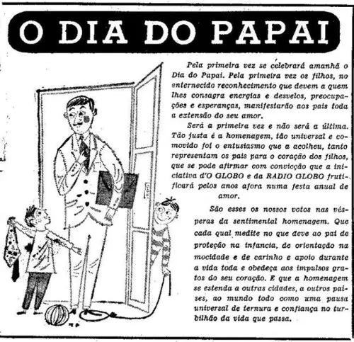 Registro do primeiro cartão de Dia dos Pais publicado no Brasil em agosto de 1953 no jornal O Globo.