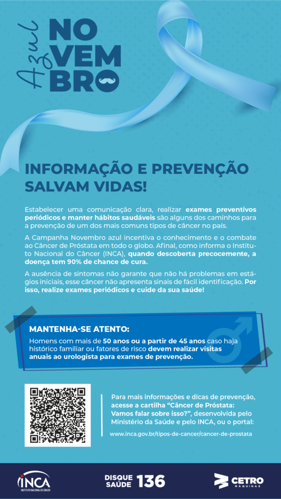 Comunicado da campanha Novembro Azul 2023 da Cetro, contendo informações sobre o cuidado médico e direcionamento para o portal oficial no site do Ministério da Saúde.