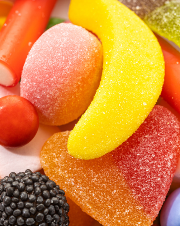 Imagem de um conjunto de gummies\gomas de açúcar, representando o mercado de confeitos.