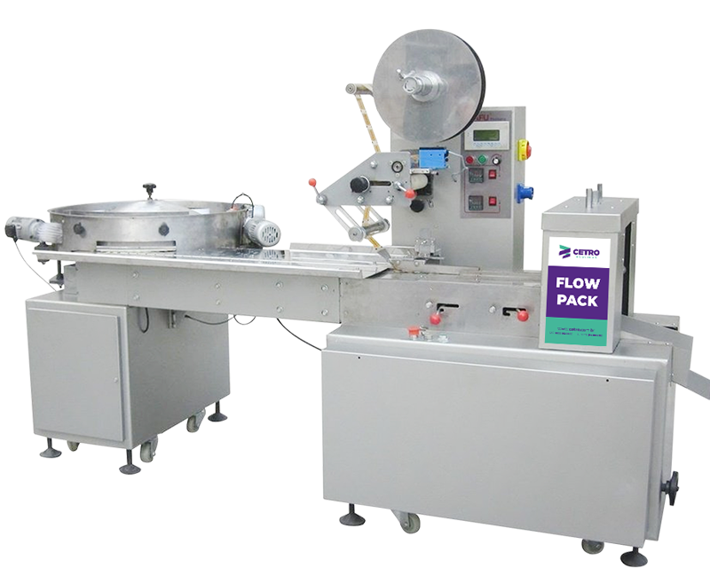 Fotografia da Flow Pack para Balas com Abastecimento Automático da Cetro e uma imagem das embalagens oferecidas pelos processos desse equipamento.