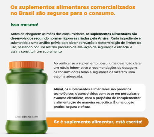 Cartaz com informações sobe a rotulagem de suplementos alimentares no Brasil.