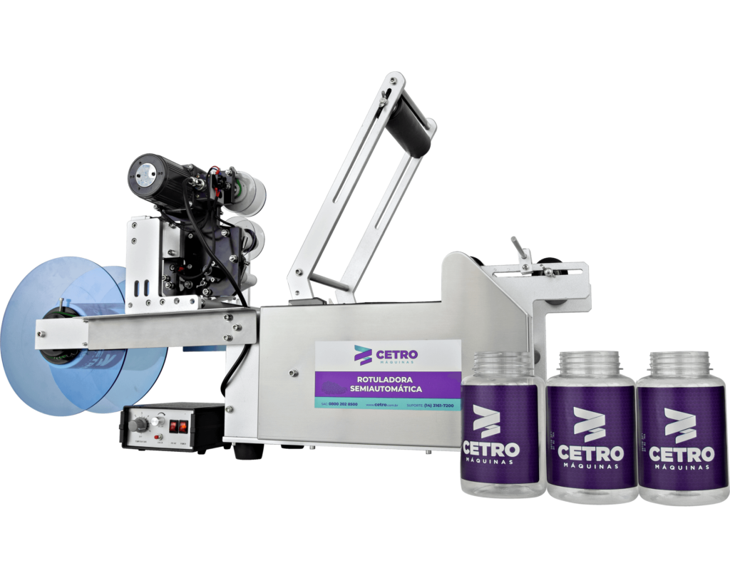 Fotografia da Rotuladora Semiautomática da Cetro, representando os maquinários da companhia para diversificar e escalar produções