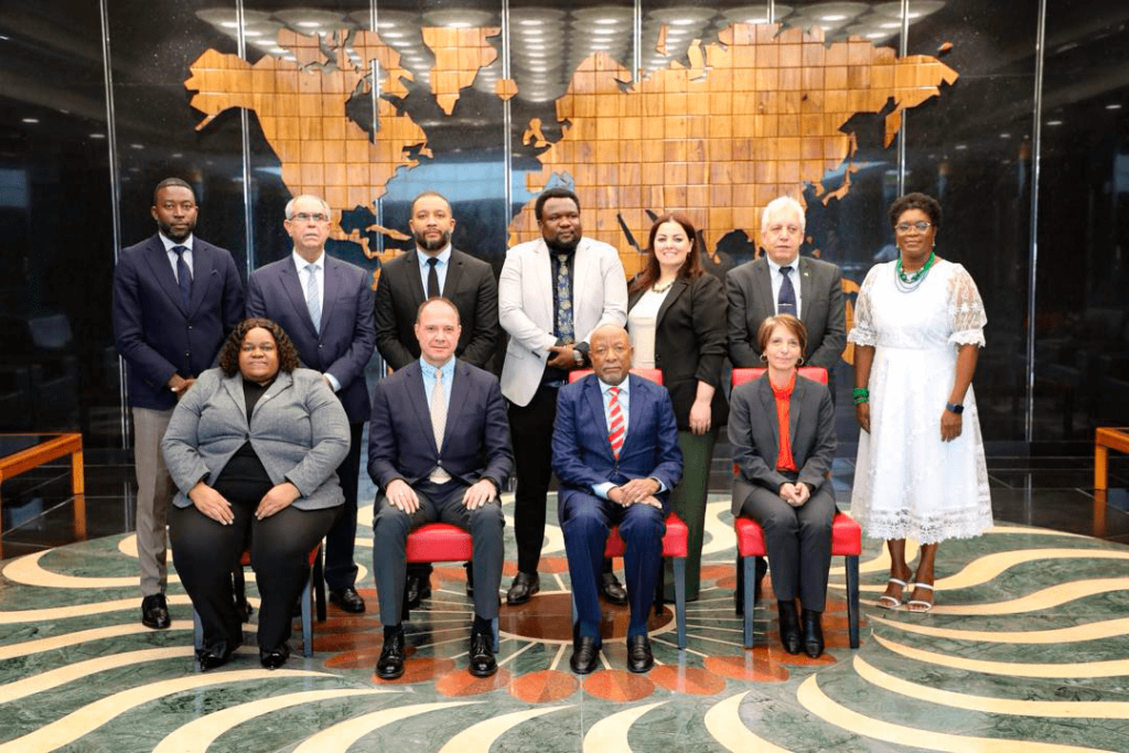 Foto da delegação brasileira na Missão Empresarial Namíbia GCSM 2024 com o Presidente da Namíbia e outras autoridades locais