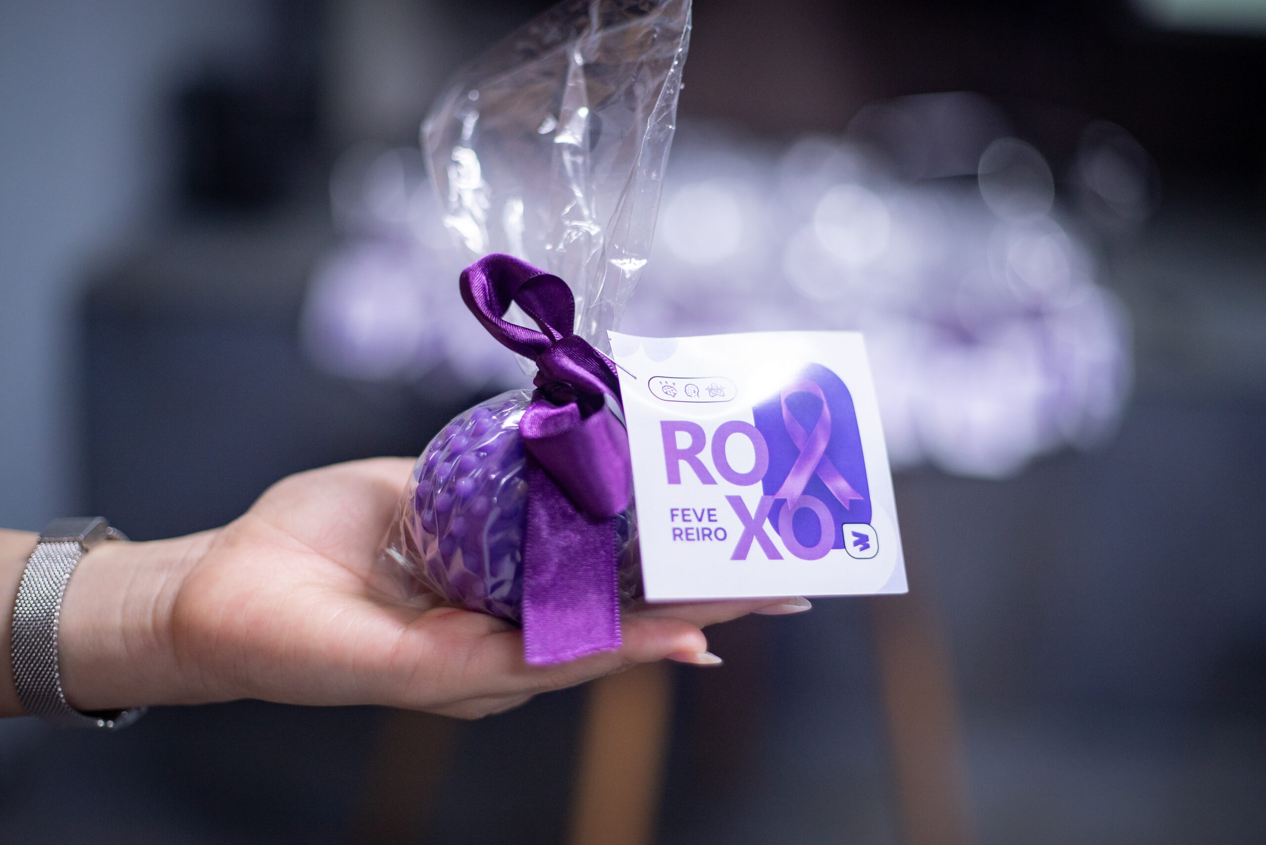 Fotografias dos mimos entregues aos colaboradores na Campanha Fevereiro Roxo.