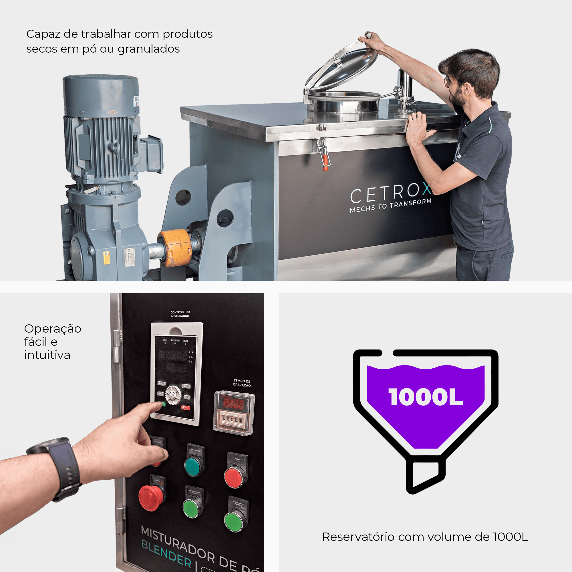 Fotografias do Misturador de Pós Ribbon Blender CTRM RB-1000, da Dosadora Semiautomática para Enchimento de Grãos e Pós KFG500 e da Empacotadora Automática Volumétrica para Pós 100-1000 ml para nutracêuticos.