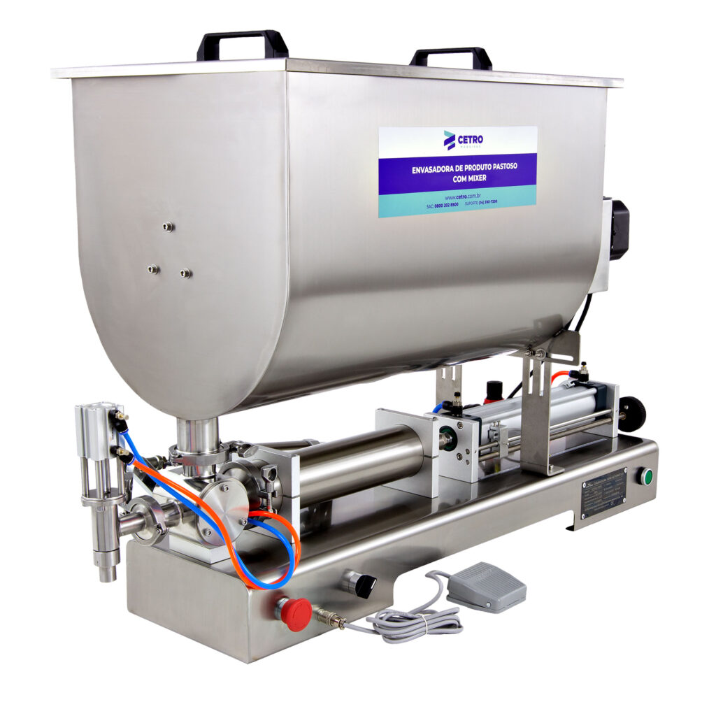 Fotografias da Envasadora Manual para Pastosos e da Envasadora de Pastosos com Mixer CSPFM 1000 M, ideias para envasar sorvetes.