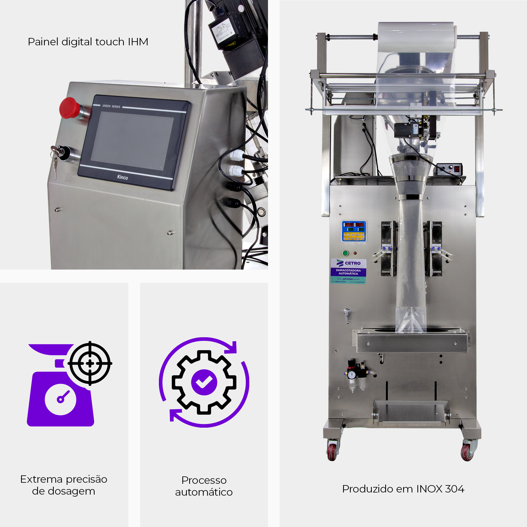 Fotografias do Misturador de Pós Ribbon Blender CTRM RB-1000, da Dosadora Semiautomática para Enchimento de Grãos e Pós KFG500 e da Empacotadora Automática Volumétrica para Pós 100-1000 ml para nutracêuticos.