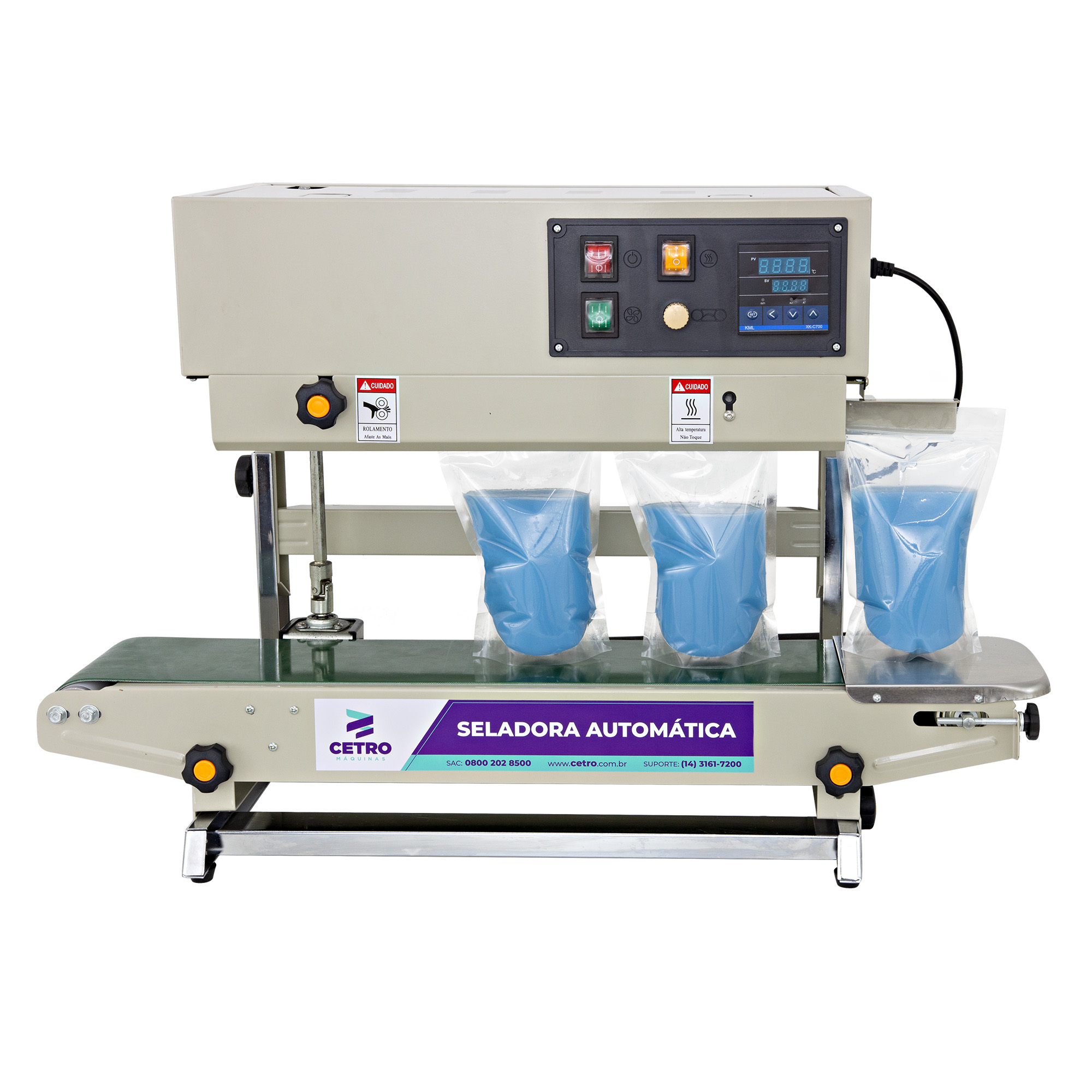 Fotografias da Seladora Automática Contínua Vertical e Horizontal e do Datador Automático Elétrico, ideal para datar embalagens de sorvetes.