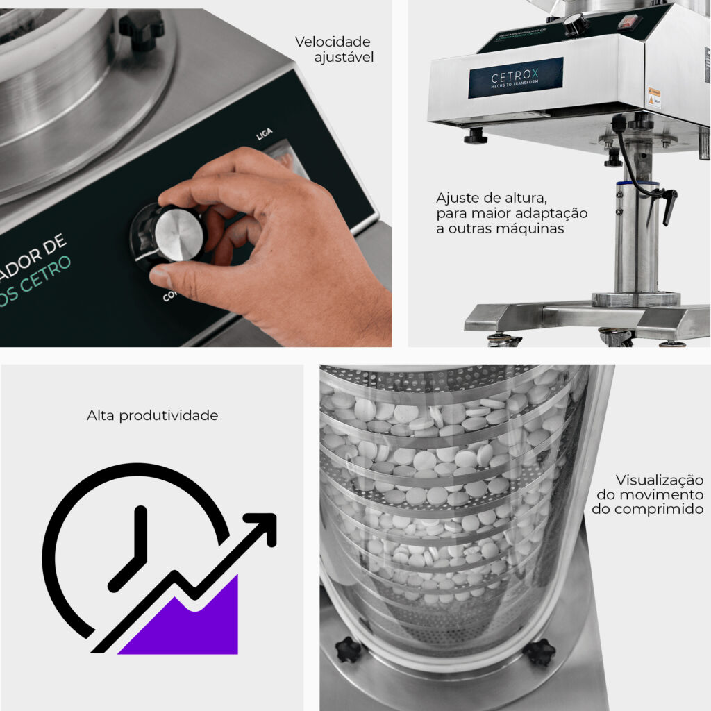 Fotografias das máquinas da linha de produção para nutracêuticos em comprimido.