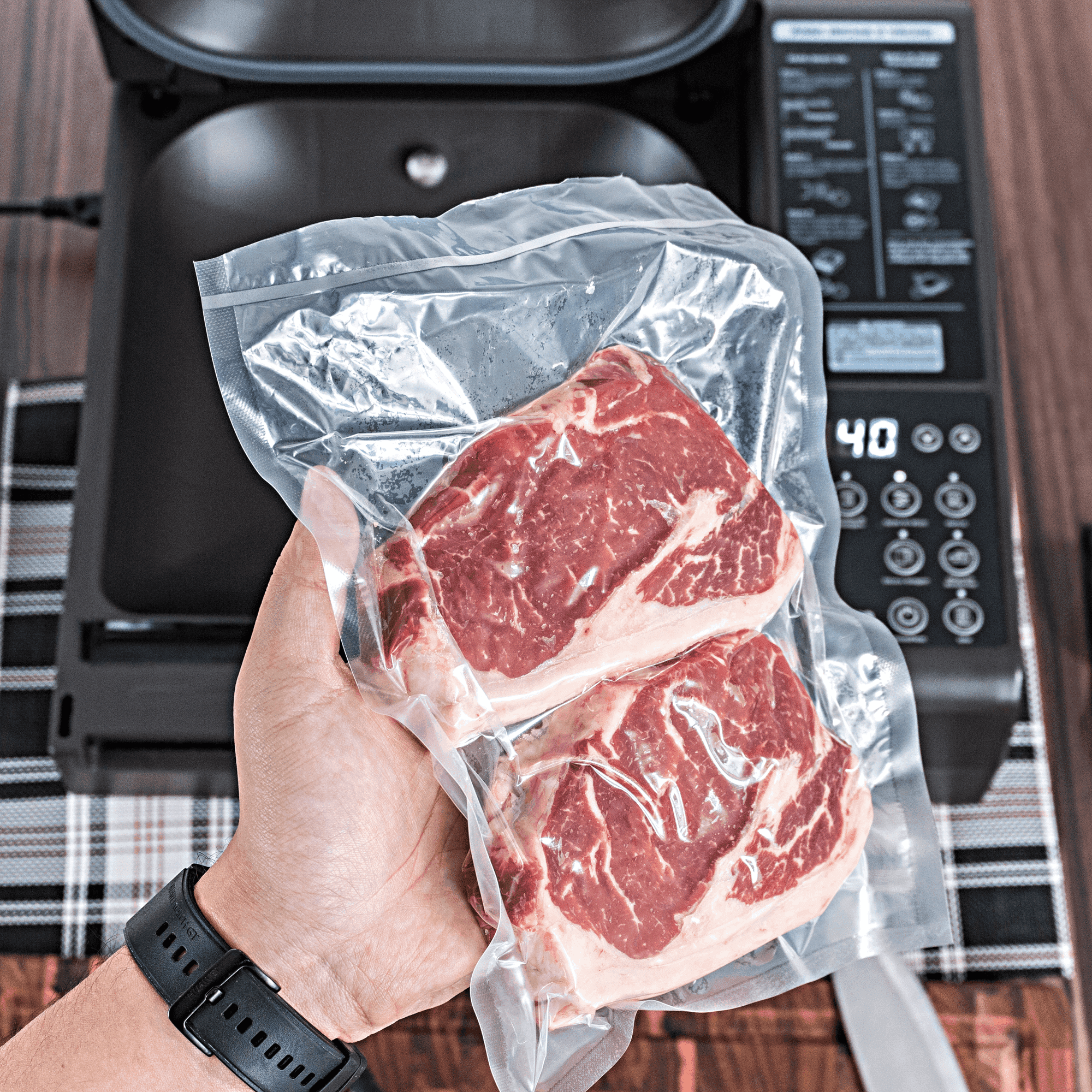 Fotografias de embalagens a vácuo bem seladas.