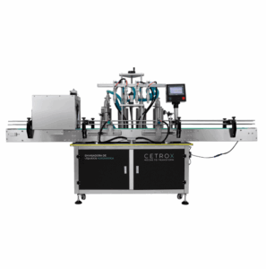 Fotografias da Envasadora de Líquidos Automática CAFM L-1000 4N UVT da Cetro e de seus bicos de envase, como exemplo de máquinas para body splash.