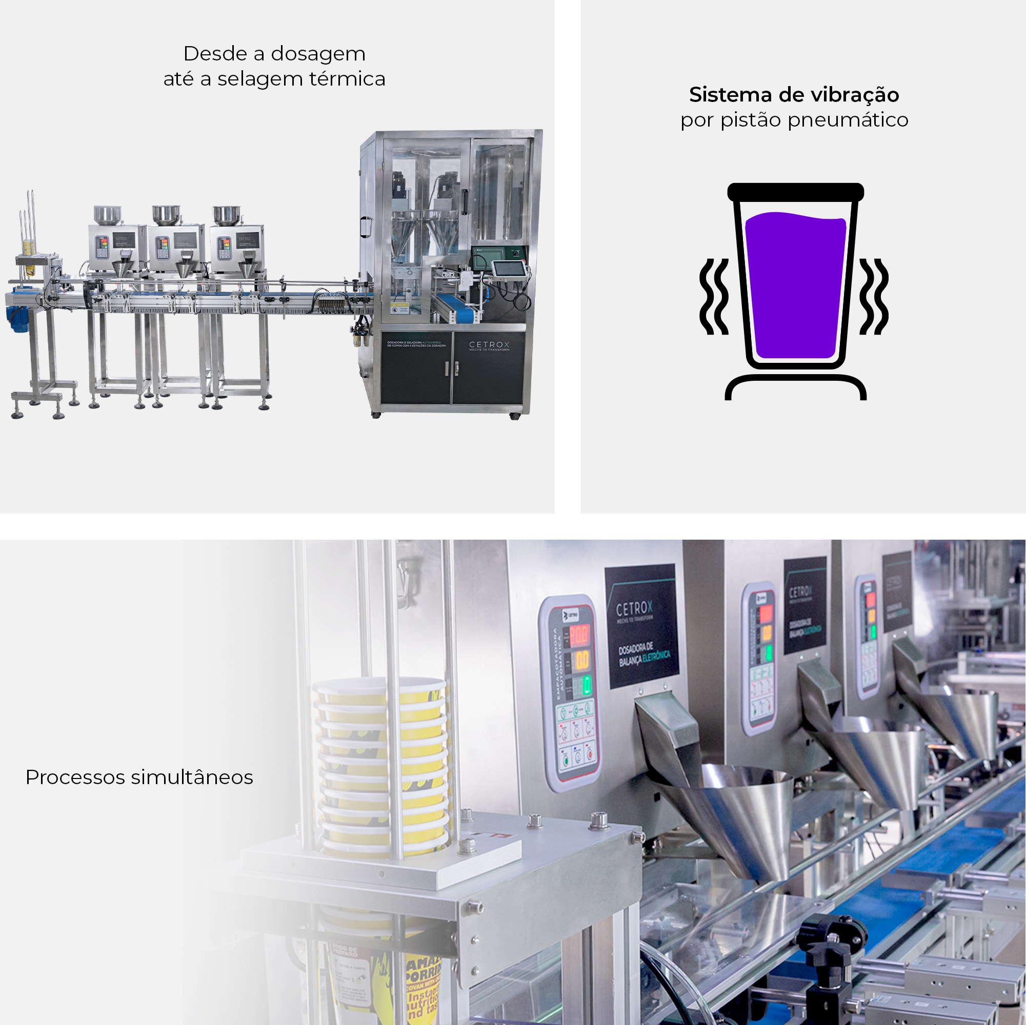 Mosaico de fotografias com os diferenciais da Dosadora e Seladora Automática de Copos com 5 Estações de Dosagem para Grãos e Pós CADM VA2-100 W3-100 da CetroX.