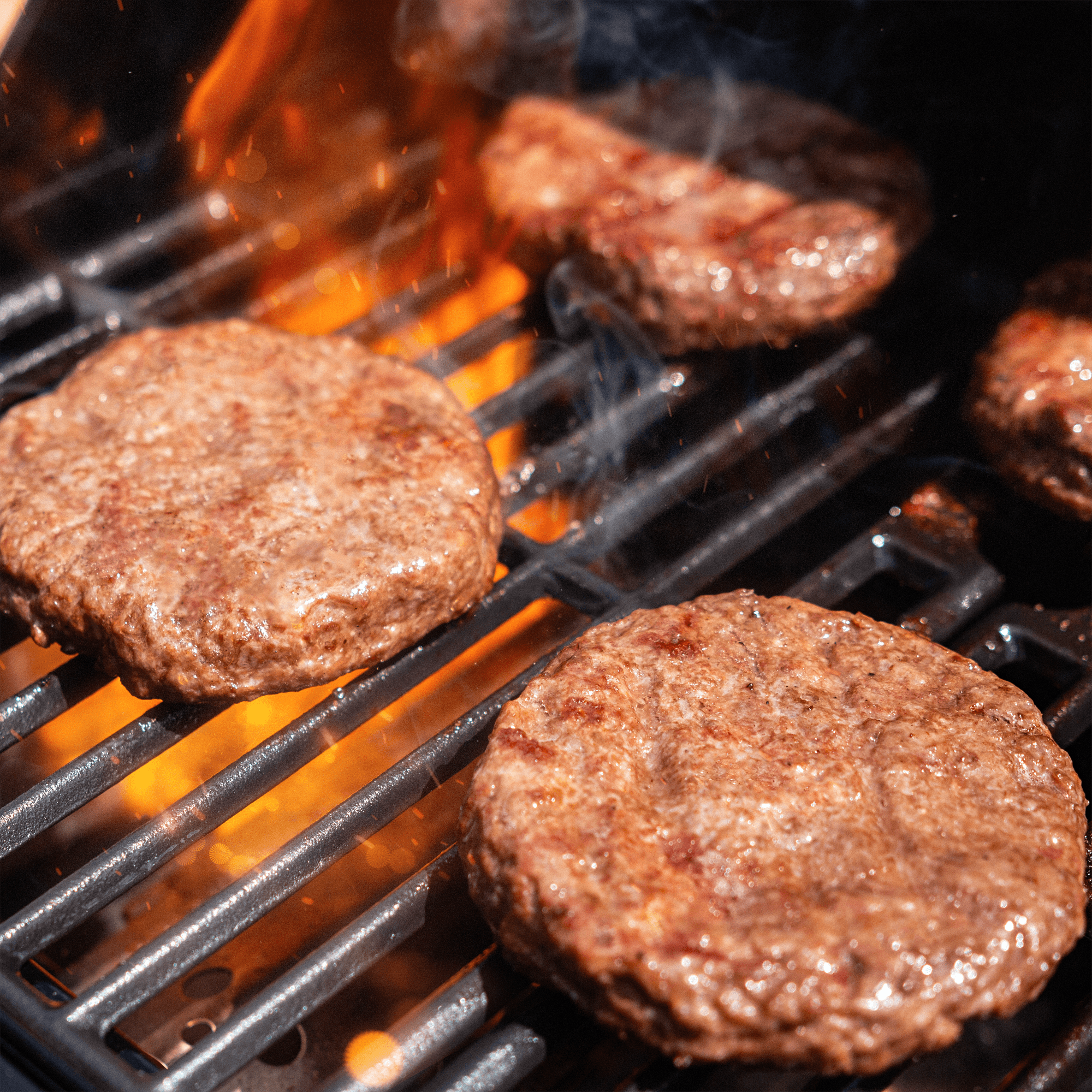 Fotografias de modelos de Churrasqueiras CharBroil e Broiler Grill e de carnes sendo preparadas na brasa, representando seu uso em hamburguerias.