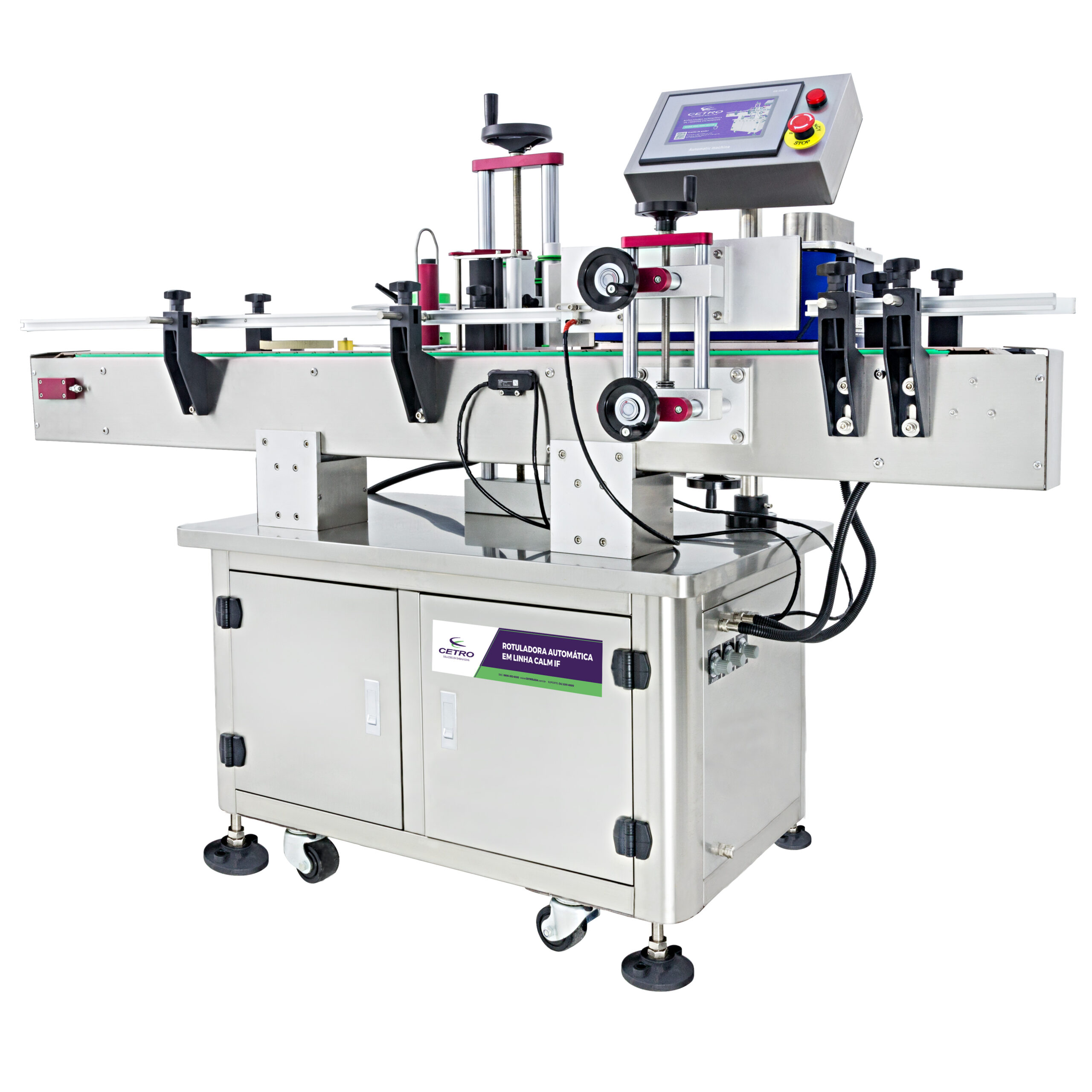 Imagens de uma Envasadora e uma Rotuladora Automática da Cetro, ilustrando as máquinas para linhas de produto em tamanho viagem.