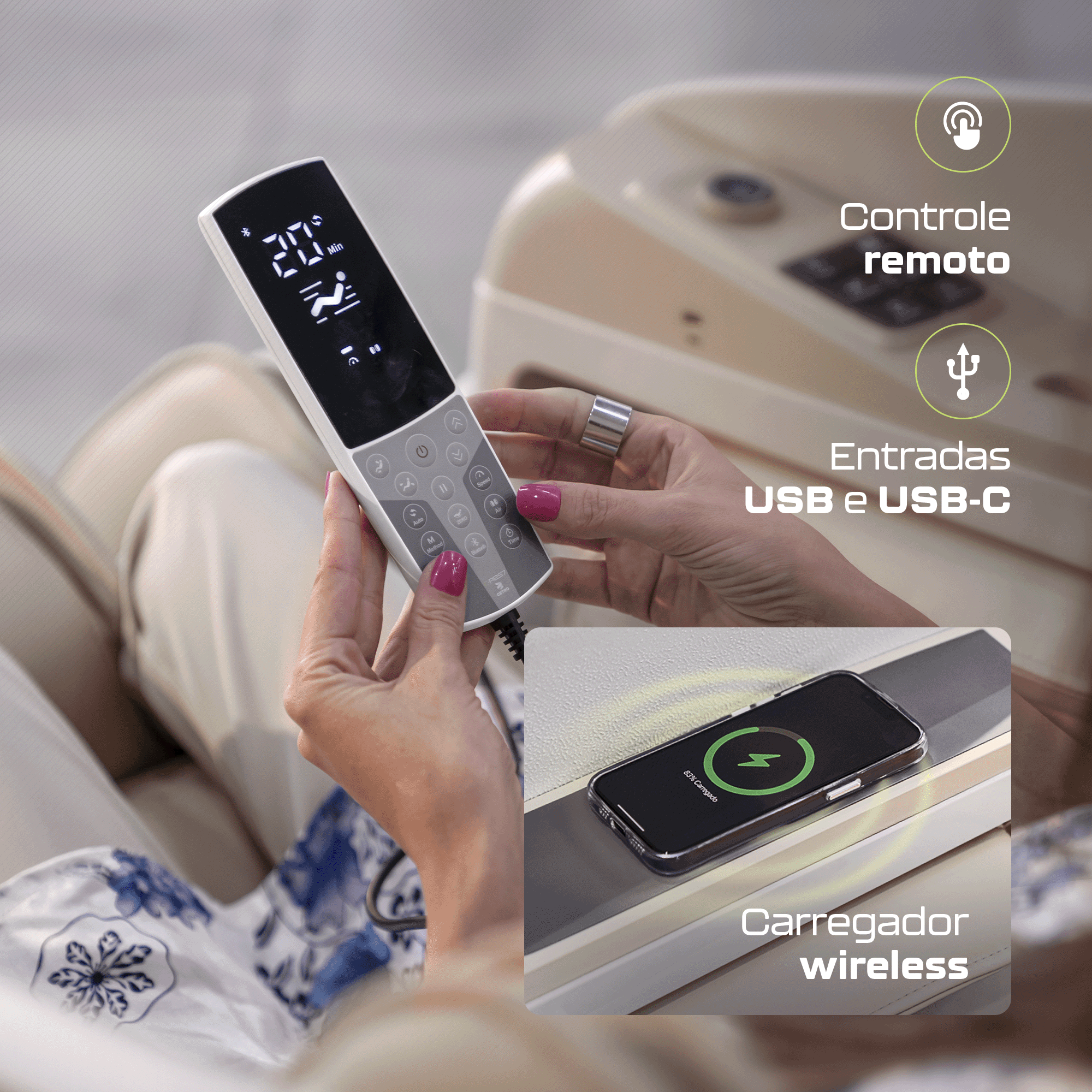 Fotografias de uma mulher relaxando em uma Poltrona de Massagem da Linha C-RES7 da Cetro e dos diferenciais do aparelho.