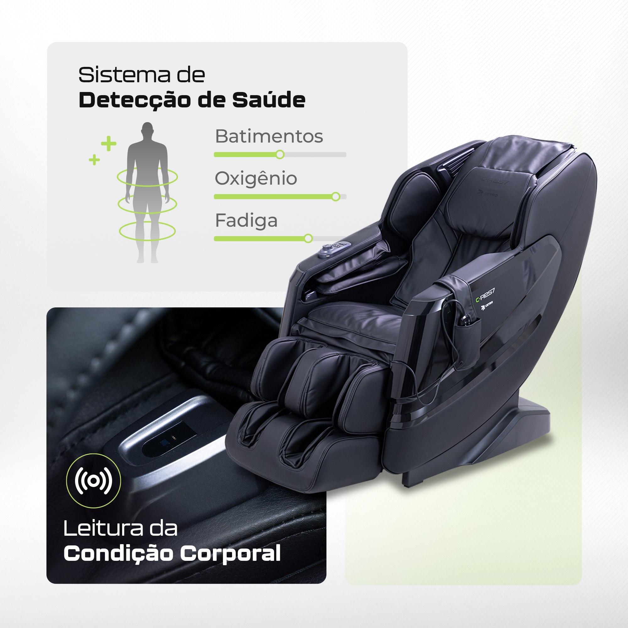 Fotografias de uma mulher relaxando em uma Poltrona de Massagem da Linha C-RES7 da Cetro e dos diferenciais do aparelho.