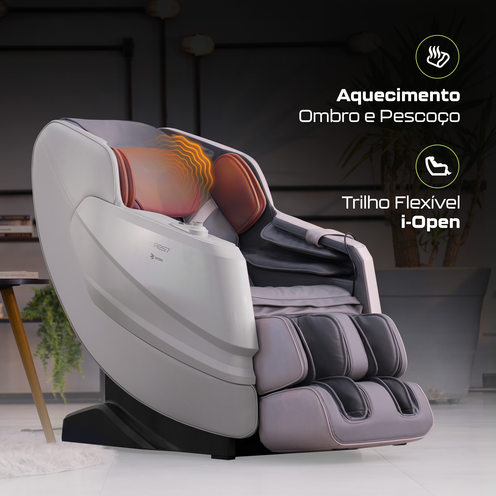 Fotografias de uma mulher relaxando em uma Poltrona de Massagem da Linha C-RES7 da Cetro e dos diferenciais do aparelho.