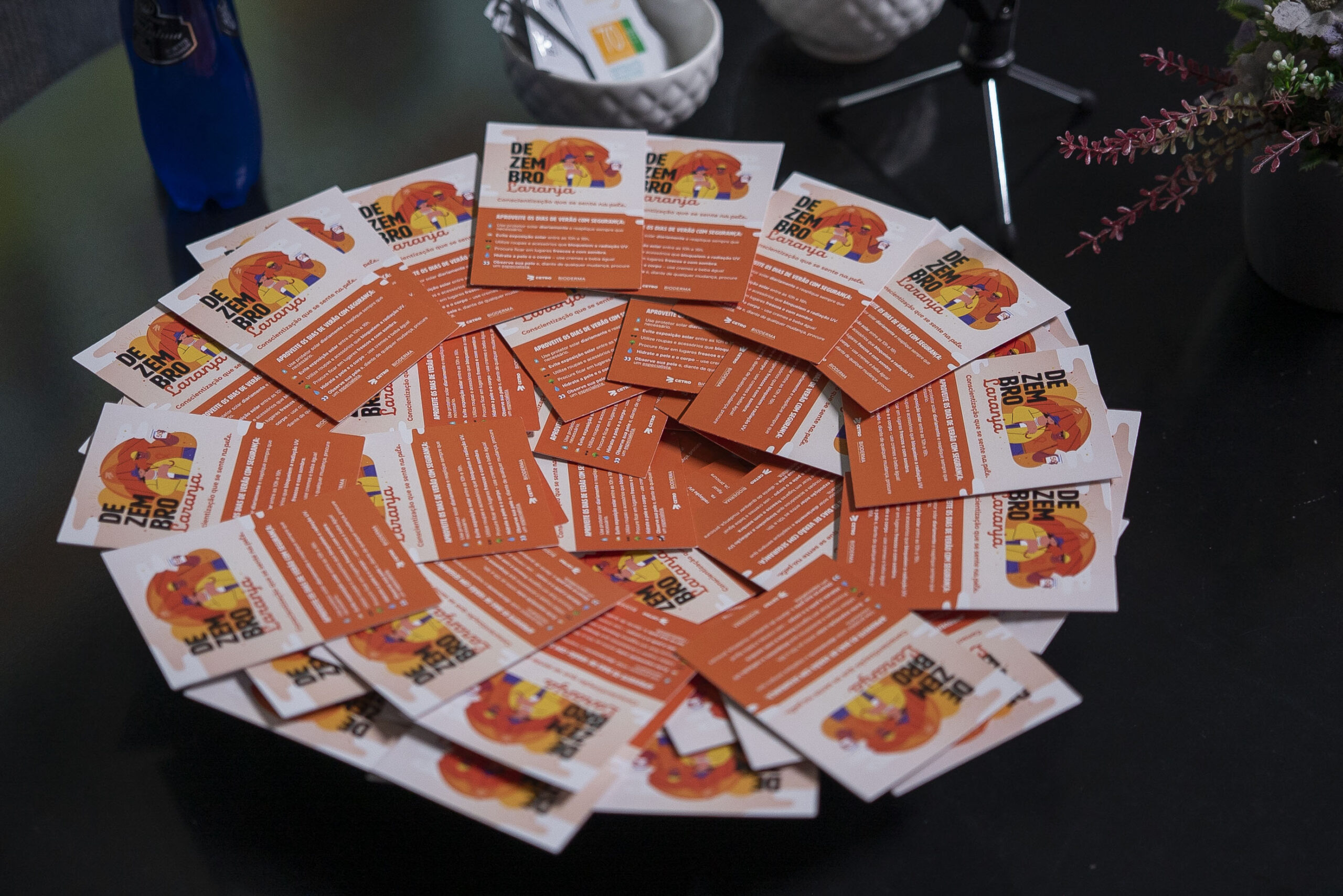 Fotografia dos cartões da Campanha Dezembro Laranja e dos palestrantes posando para foto com alguns colaboradores da Cetro.