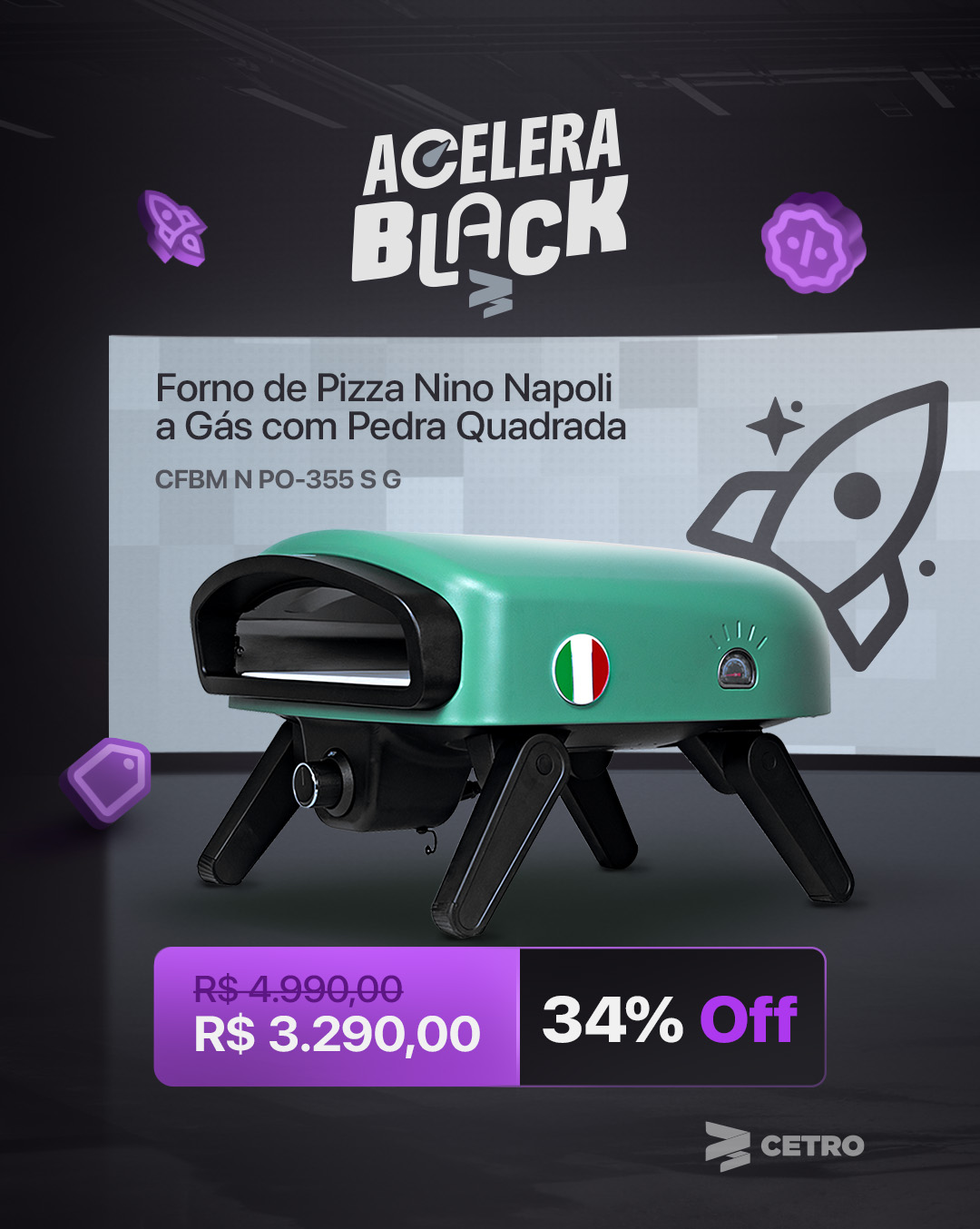 Três banners de desconto da campanha Acelera Black 2025 com a Bomba de Vácuo, o Forno Nino Napoli e a Guilhotina da Cetro.