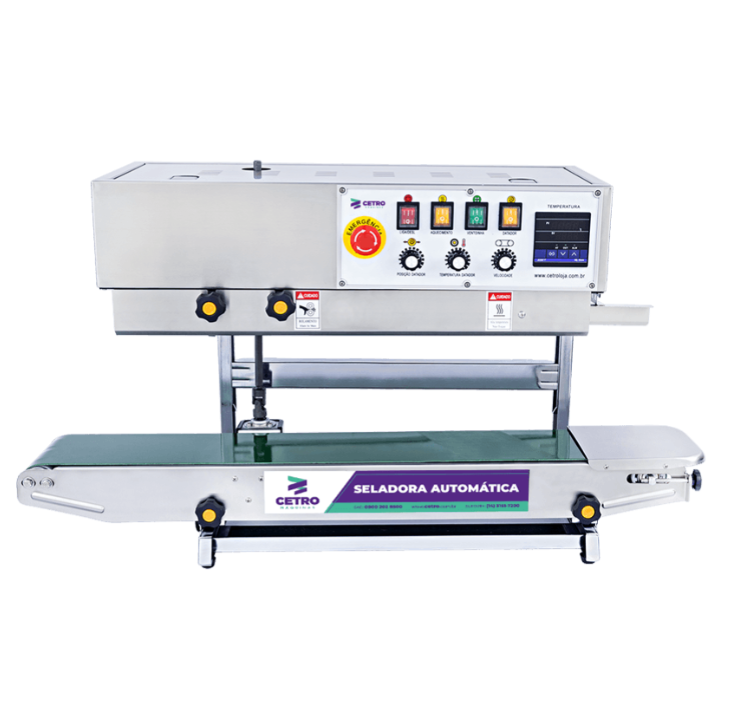 Fotografia da Seladora Automática Contínua Vertical e Horizontal com Datador em Inox 304 da Cetro, representando equipamentos com estrutura de Aço Inox 304.