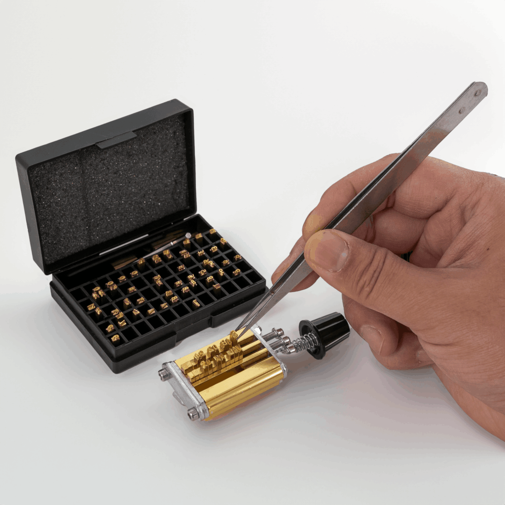 Fotografias do Datador Manual da Cetro e do porta-dígitos que acompanha o equipamento, como exemplo de equipamentos para rastreabilidade.