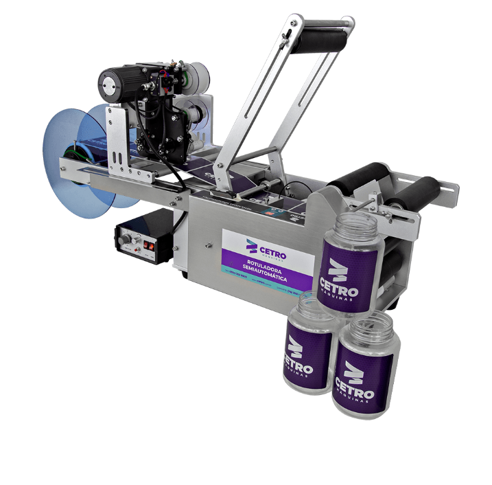 Fotografias da Envasadora Manual para Pastosos CMFM P-50 T e da Rotuladora Semiautomática com Datador CSLM DP, representando máquinas da Cetro para a produção de geleias.