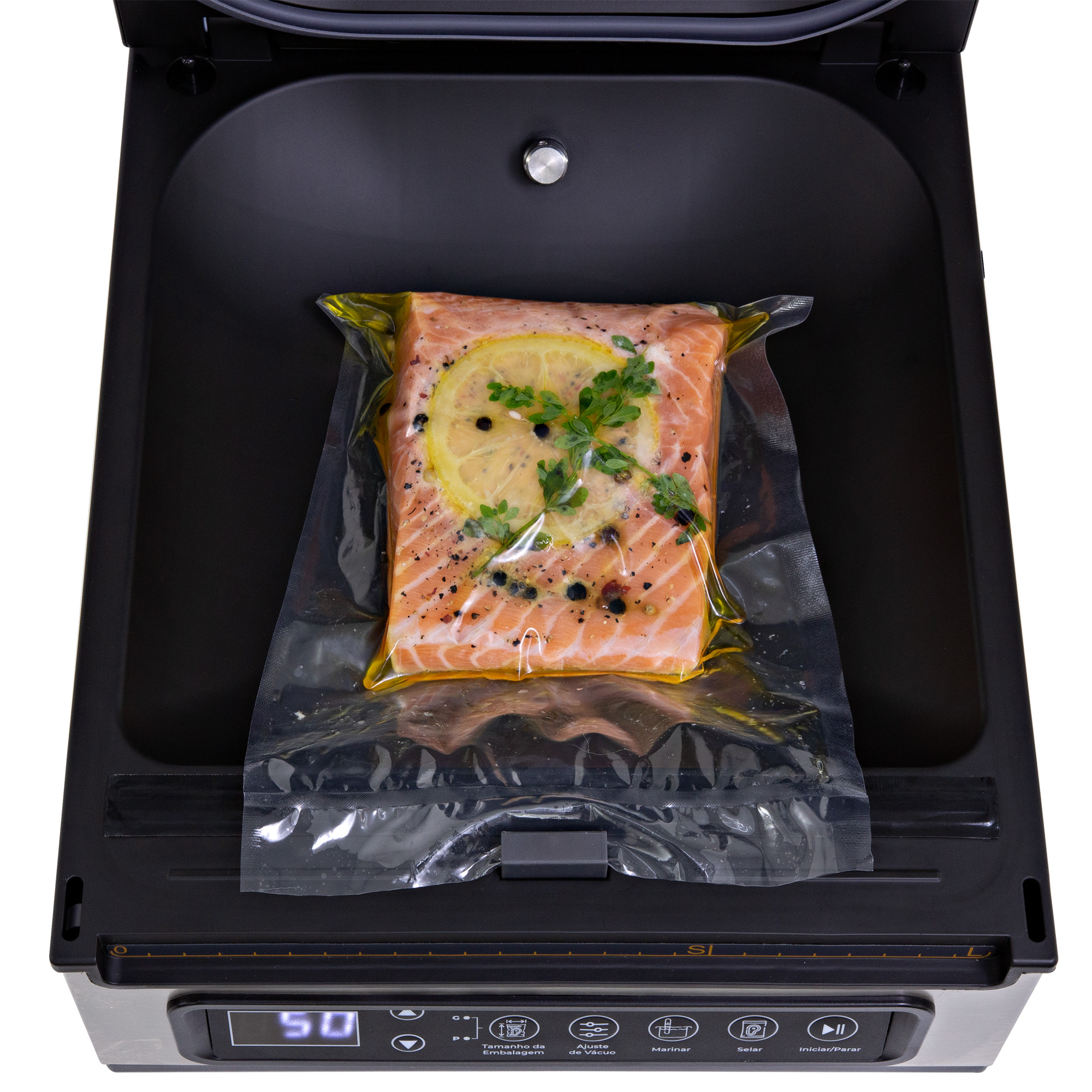 Imagens da Seladora a Vácuo Suprême Vac Flat CCVS S-250 F M selando alimentos.