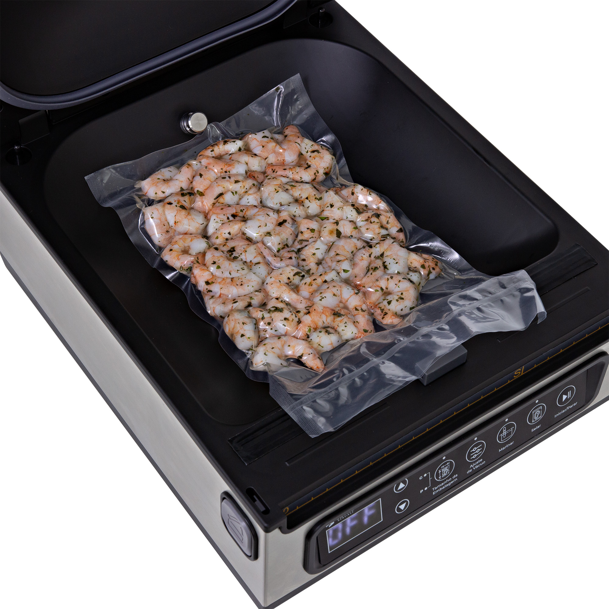 Imagens da Seladora a Vácuo Suprême Vac Flat CCVS S-250 F M selando alimentos.