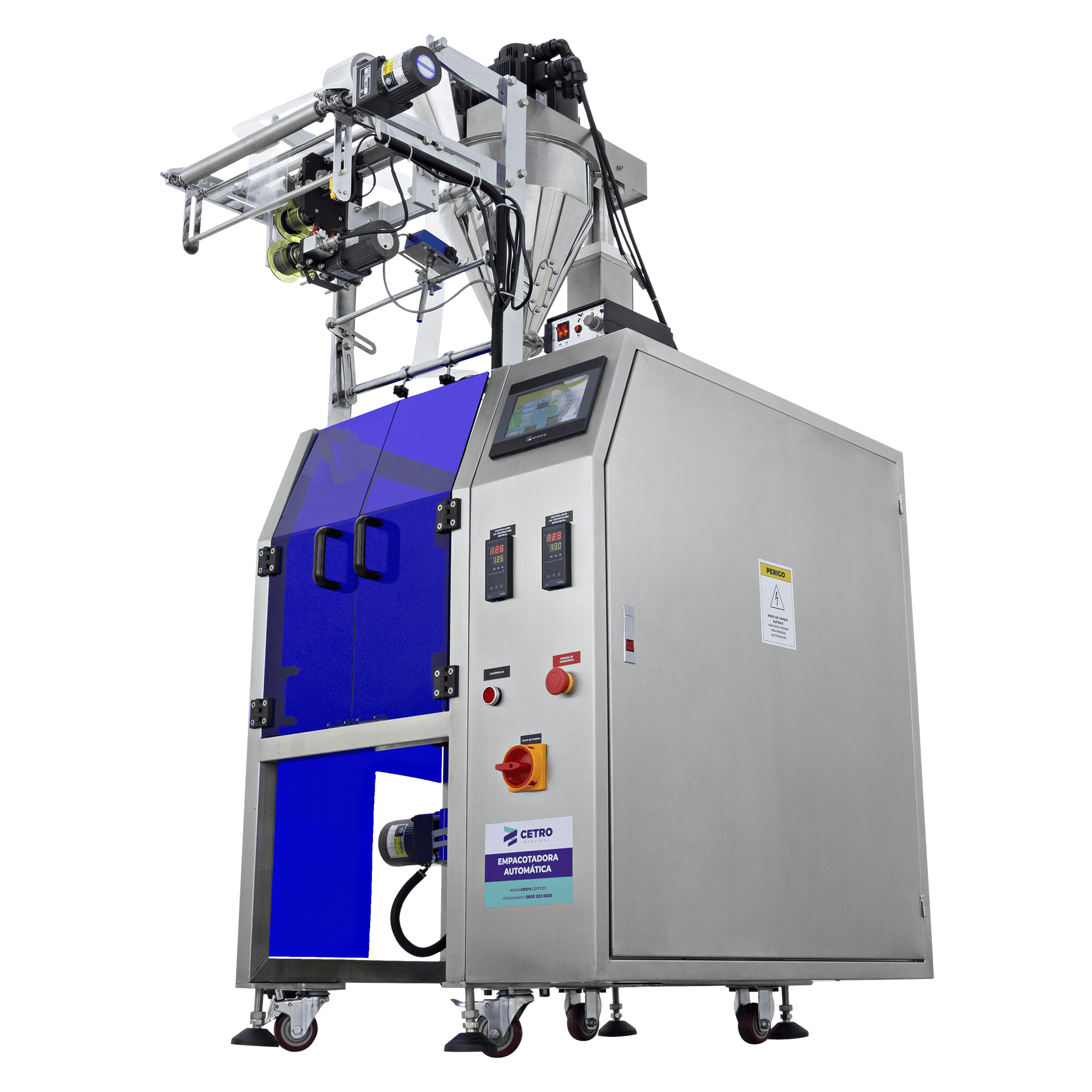 Fotografias da Dosadora e Seladora Rotativa de Cápsulas de Café CADM CC R e da Empacotadora Automática para Embalagem Stick CAPM 300 VA-30 MS da Cetro com suas respectivas embalagens.