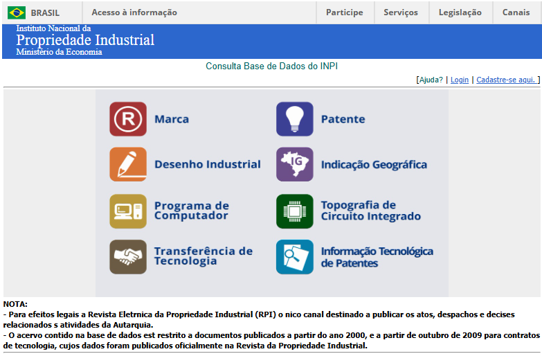 Capturas de tela do site oficial do Instituto Nacional de Propriedade Industrial, INPI, com descrições do processo de pesquisa em propriedade industrial.