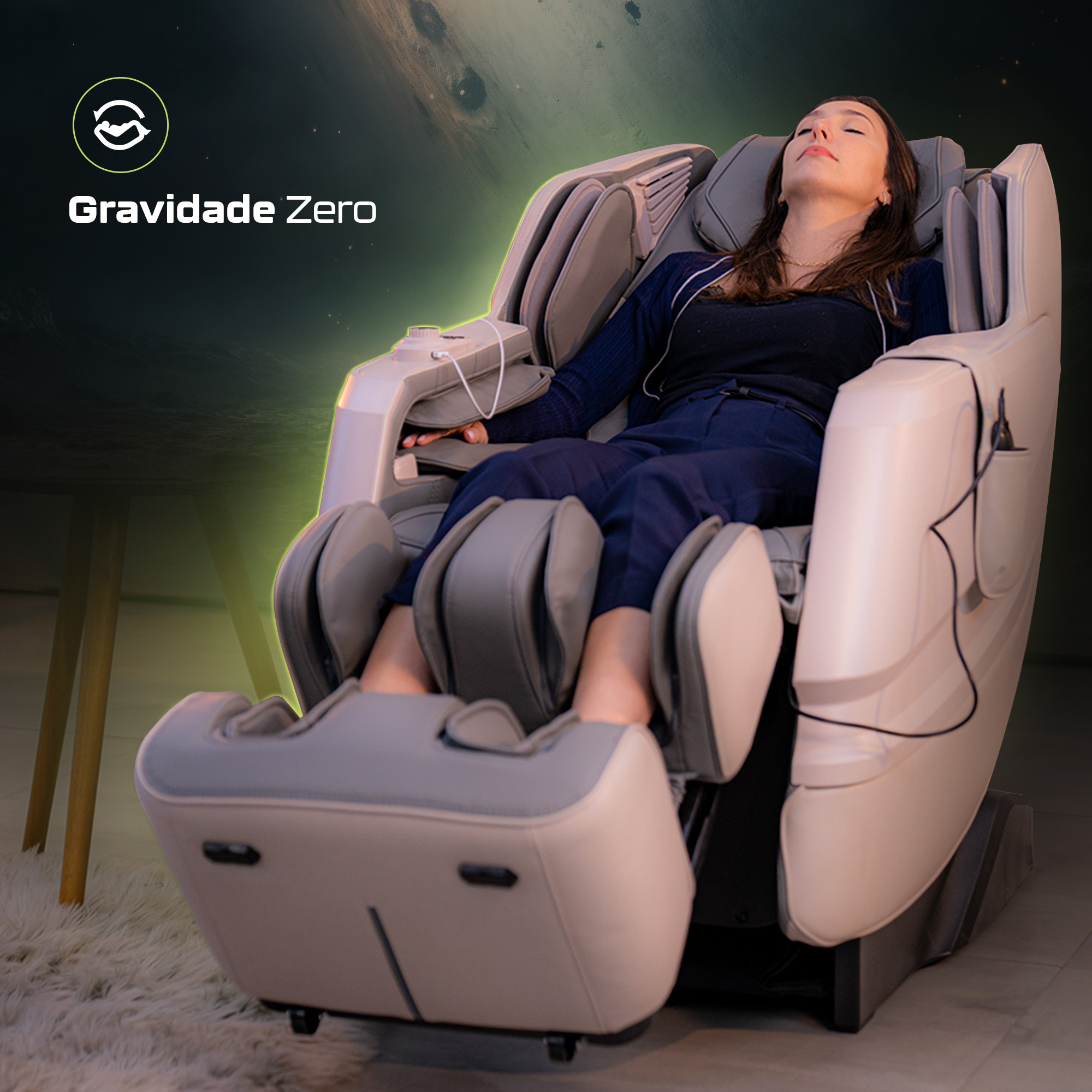 Fotografias de uma mulher utilizando os modelos de Poltronas C-RES7 e uma ilustração de suas diversas funcionalidades.