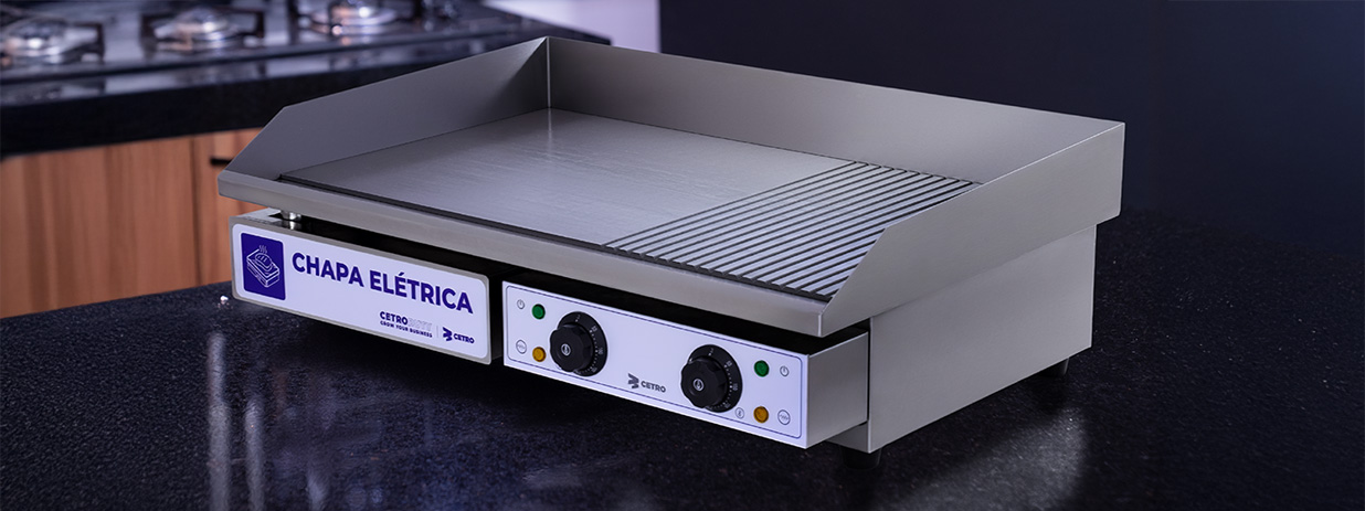 Fotografias da Chapa com Grelha Elétrica em Inox com 2 Queimadores CFGM EG-7340 TBG da Cetro.