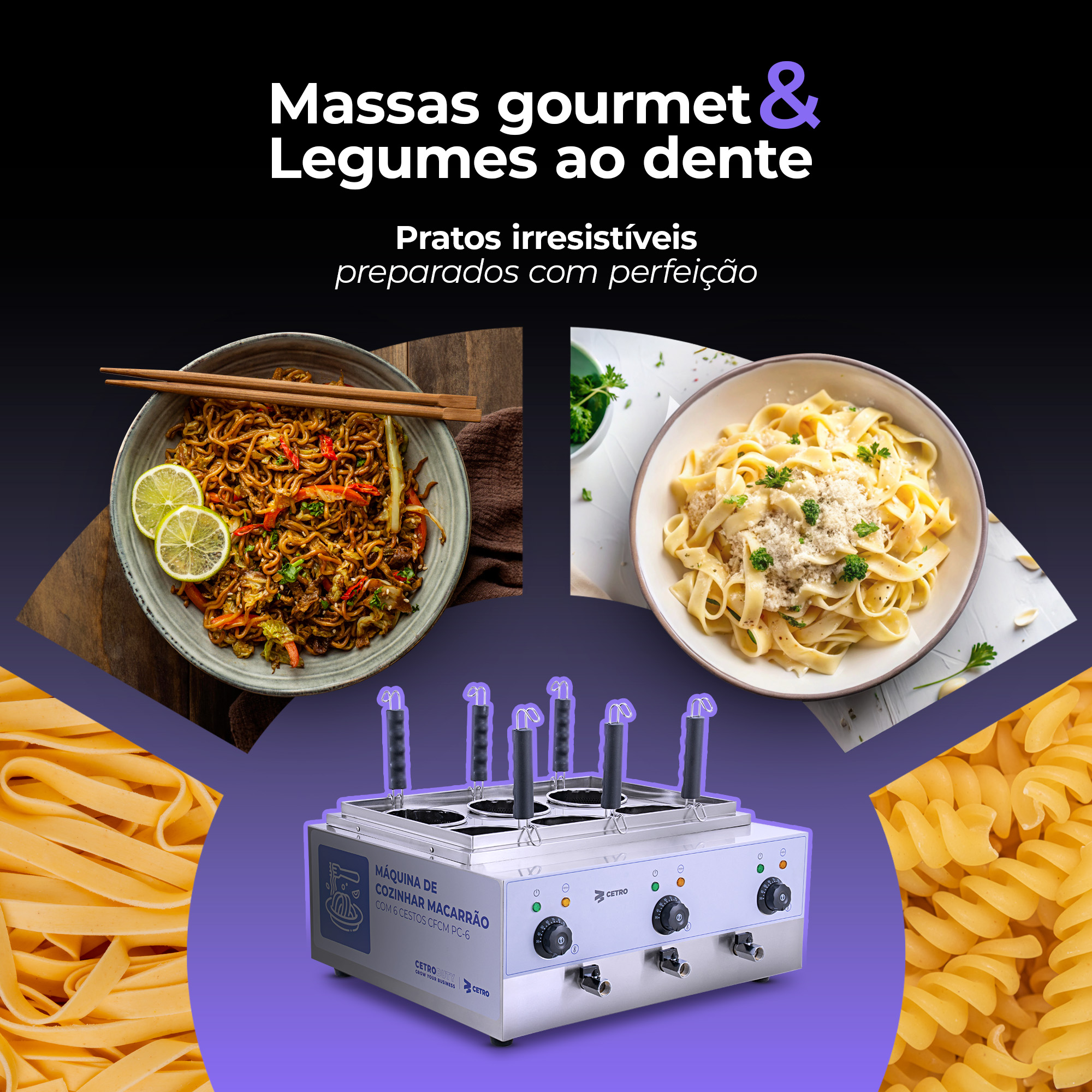 Fotografias de massas prontas produzidas com a Máquina de Cozinhar Macarrão com 6 Cestos da Cetro.