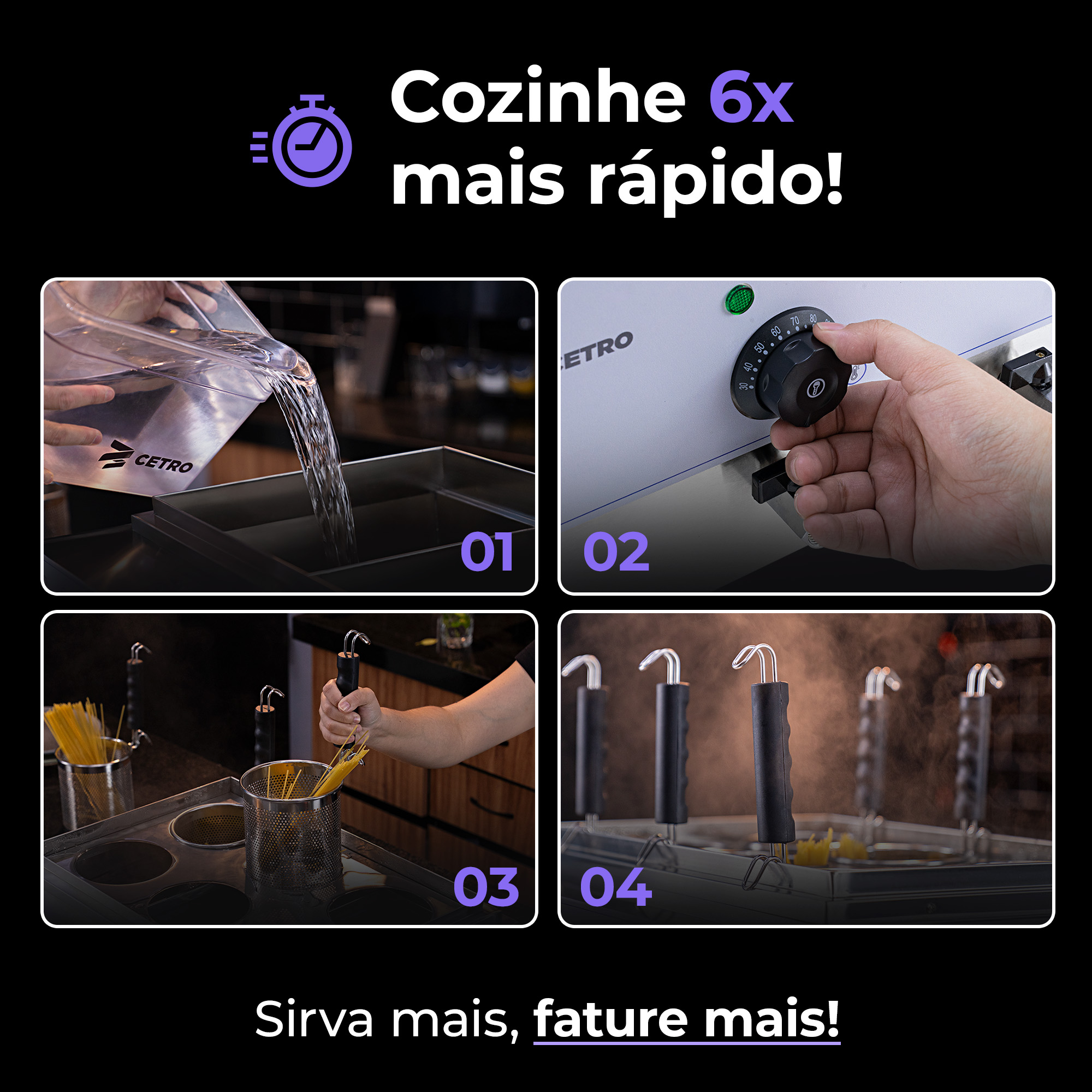 Fotografias de massas prontas produzidas com a Máquina de Cozinhar Macarrão com 6 Cestos da Cetro.