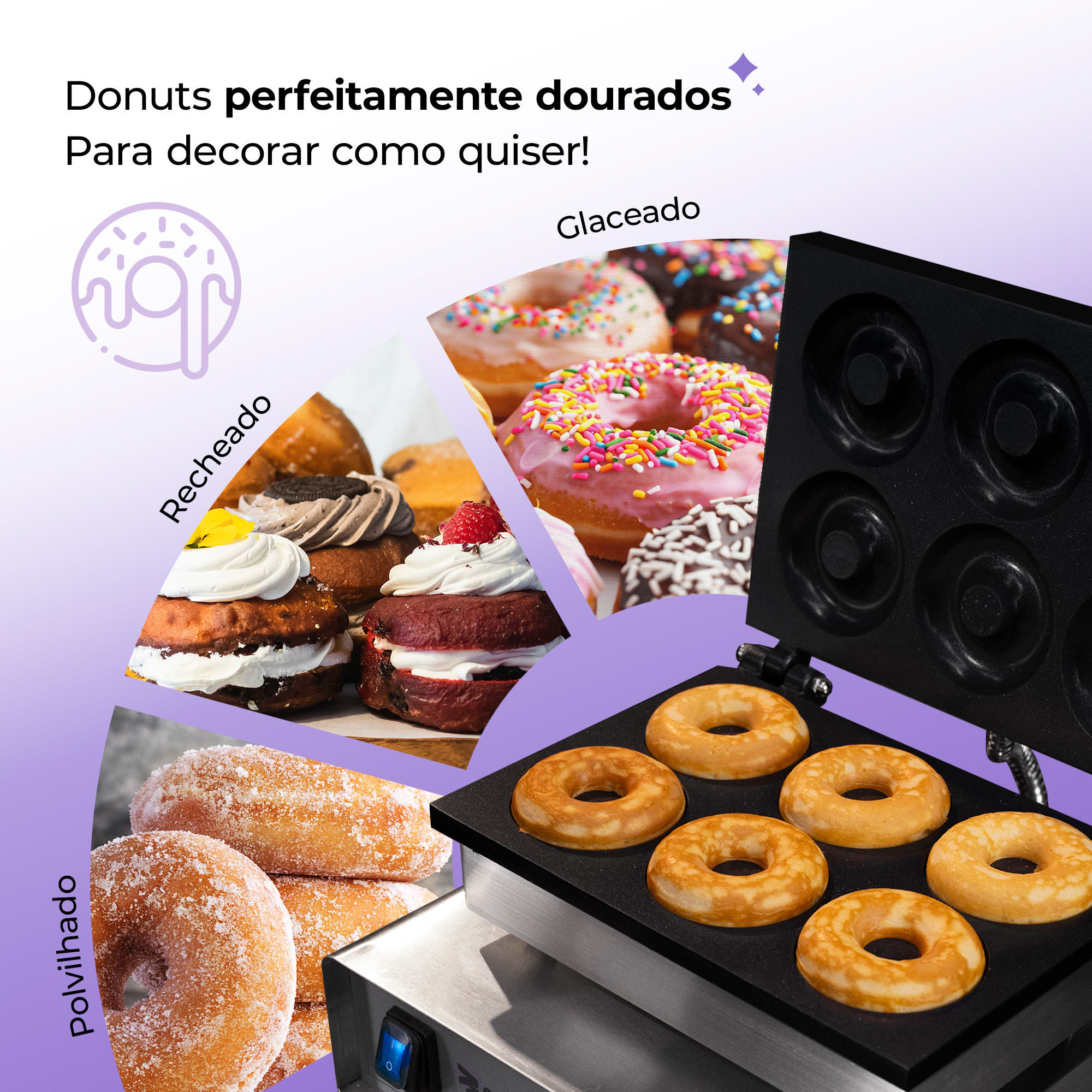 Fotografias da Máquina de Donuts com 6 Cavidades da Cetro e um folder com imagens da máquina e de diferentes recheios de donuts e a frase “Donuts perfeitamente dourados para decorar como quiser”.