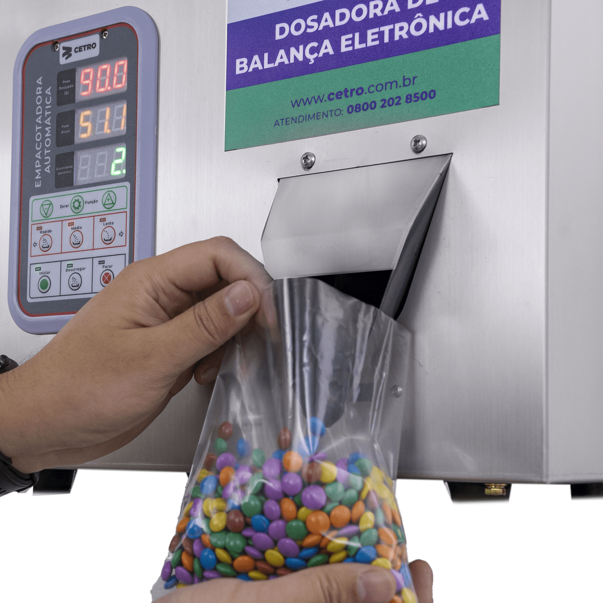 Fotografias da Dosadora, da Seladora, do Tanque de Encolhimento e da Fechadora de Caixas da Cetro que estarão na Fispal Tecnologia 2026.