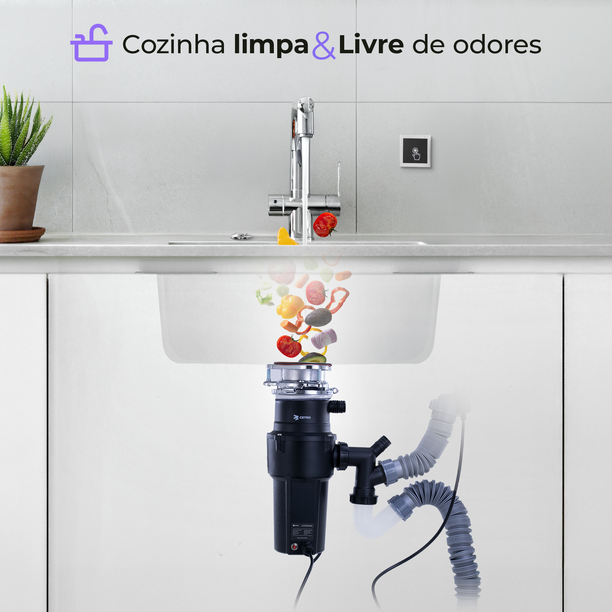 Fotografia e ilustração do Triturador de Resíduos e Alimentos para Pia Cetro Suprême Crusher CFPM KD-1437 instalado.