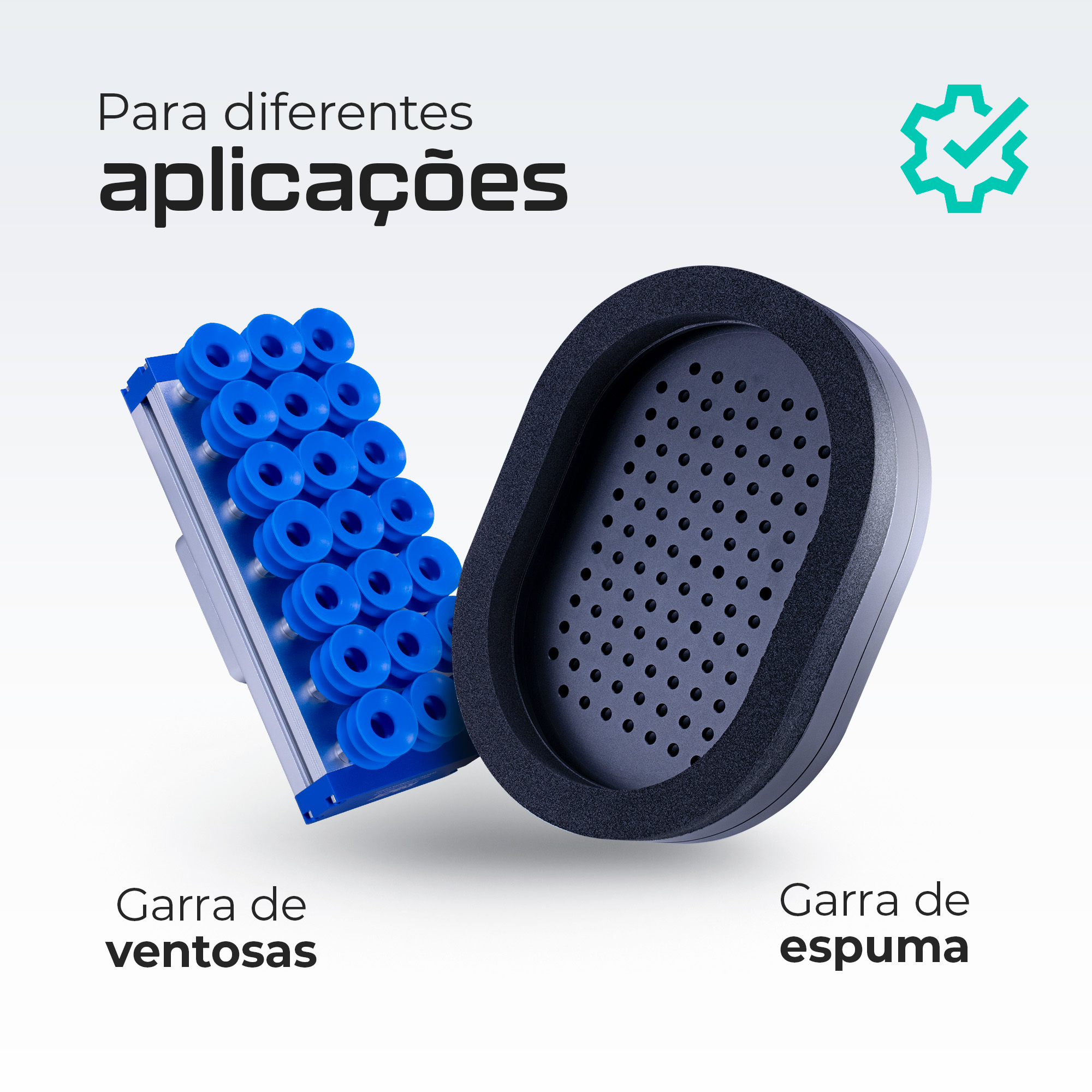 Artes das diferentes garras que podem ser adquiridas para customizar o Robô Paletizador Colaborativo da CetroX.