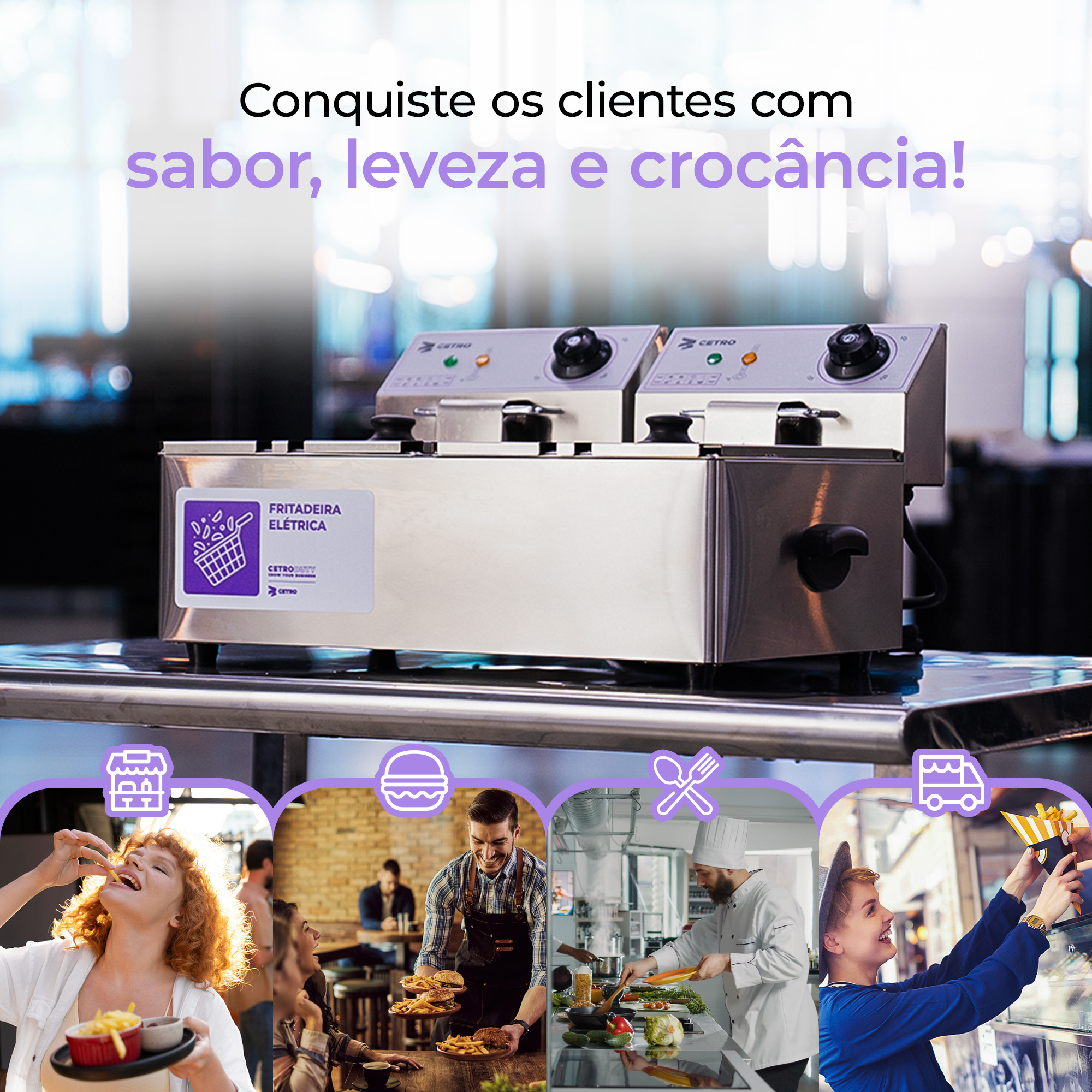 Fotografias das Fritadeiras Elétricas com 2 Cubas da Cetro e de alimentos fritos por elas.