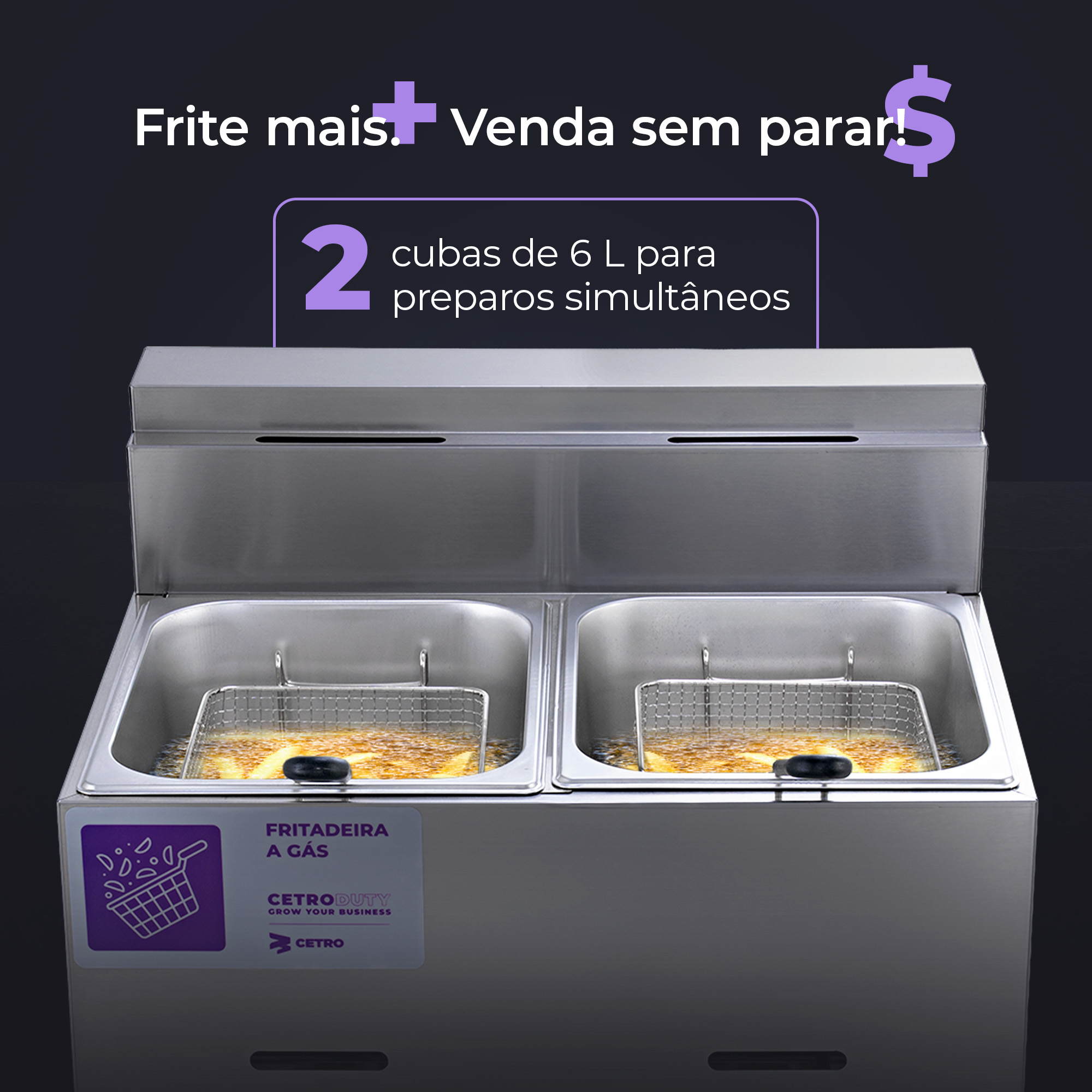 Fotografias das Fritadeiras Elétricas com 2 Cubas da Cetro e de alimentos fritos por elas.
