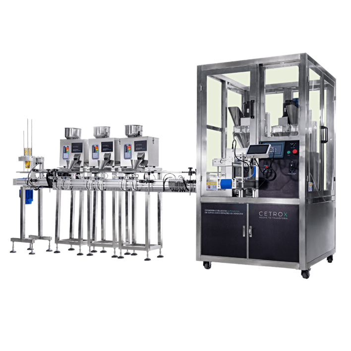Dosadora e Seladora Automática de Copos com 5 Estações de Dosagem para Grãos e Pós CADM VA2-100 W3-100.