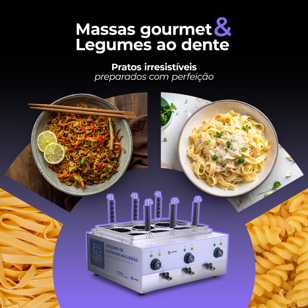 Imagens representativas sobre os diferenciais da Máquina de Cozinhar Macarrão e da Chapa Elétrica em Inox, mostrando os diferentes tipos de alimentos que podem ser preparados.