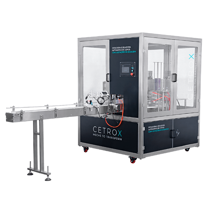 Dosadora e Seladora Automática de Copos com 3 Estações de Dosagem e um copo selado por ela.