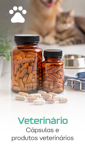 Imagens de cápsulas em potes destinadas a diversos setores: veterinário, nutracêutico e farmacêutico.