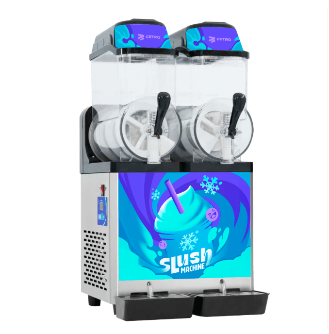 Fotografias dos dois modelos de Máquinas de Raspadinha e Bebidas Congeladas Slush da Cetro Duty.