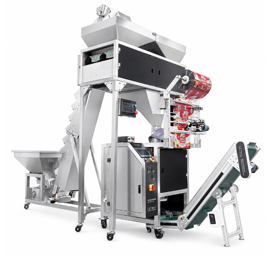 Empacotadora Automática com 4 Balanças e Abastecedor com Esteira CAPM 560 W4-1500 da Cetro embalando biscoito de polvilho.